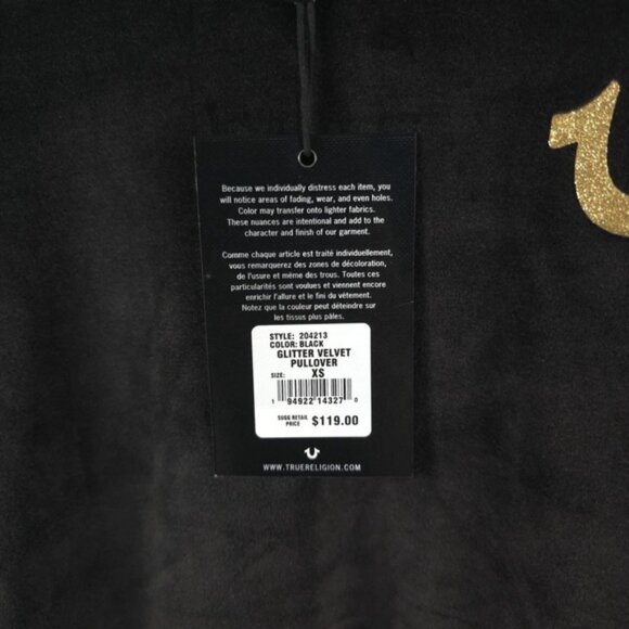 NWT TRUE RELIGION Black Glitter Velvet Pullover Sweatshirt Style 204213 Size XS - Picture 11 of 11